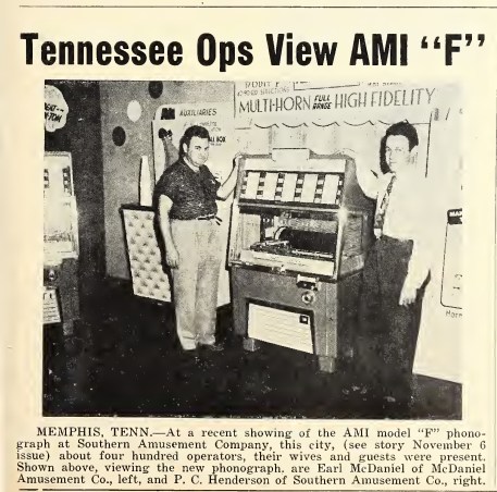 1954 newspaper clipping of Earl McDaniel standing beside an AMI Model F jukebox in Memphis, Tennessee